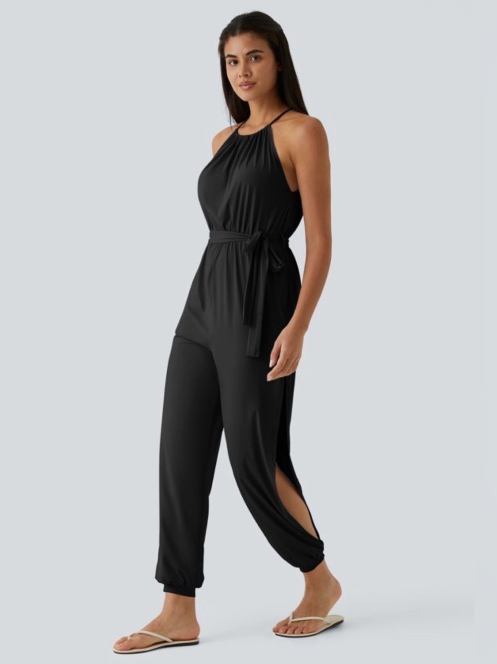 HALARA Black Halter Tie-Waist Jumpsuit with Side Slits